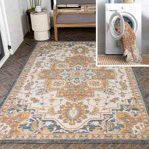 JONATHAN Y SVH107A-4 Bijan Traditional Vintage Medallion Reversible Machine-Washable Terra/Blue/Cream 4 ft. x 6 ft. Indoor/Outdoor Area Rug for Backyard, Patio, Porch, Non-Shedding, Hose-Washable