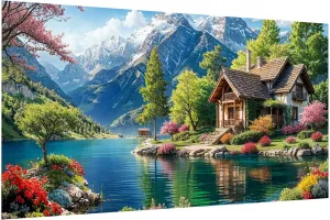 JOOZ Large Landscape Diamond Art Kits for Adults - 5D Extra Large Lake House Diamond Painting, DIY Full Drill Mountain Landscape Diamond Art Painting Kits, Gem Art Kits for Wall Decor 27.5x15.7 Inch