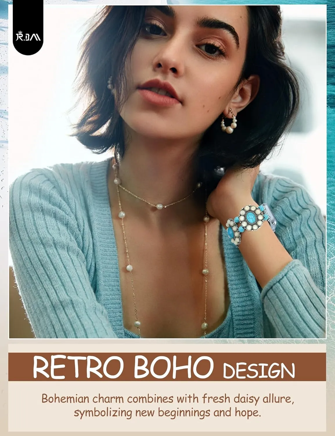 JR.DM Boho Beaded Bracelet Compatible with Apple Watch Women 38/40/41/42/44/45/46/49mm Bohemian Elastic Stretchy Turquoise Classic Handmade Straps for iWatch Series 10 9 8 7 6 5 4 3 2 1 SE Ultra