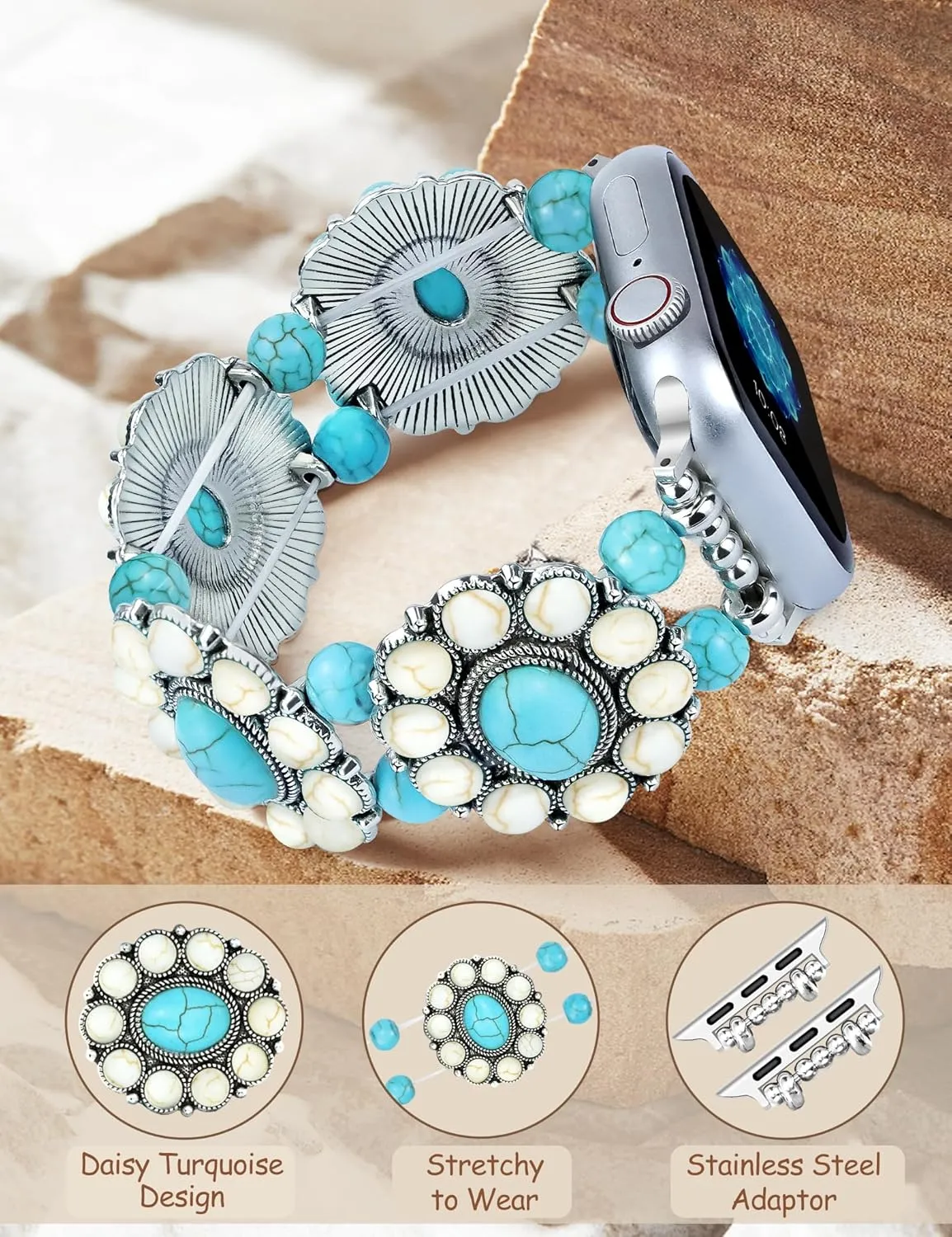 JR.DM Boho Beaded Bracelet Compatible with Apple Watch Women 38/40/41/42/44/45/46/49mm Bohemian Elastic Stretchy Turquoise Classic Handmade Straps for iWatch Series 10 9 8 7 6 5 4 3 2 1 SE Ultra