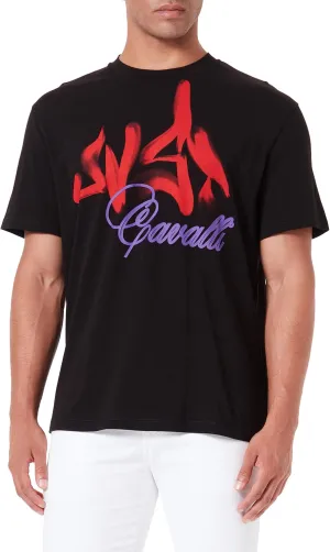 Just Cavalli Crew Neck Cotton T-Shirt with Graffiti Logo Print Black LG
