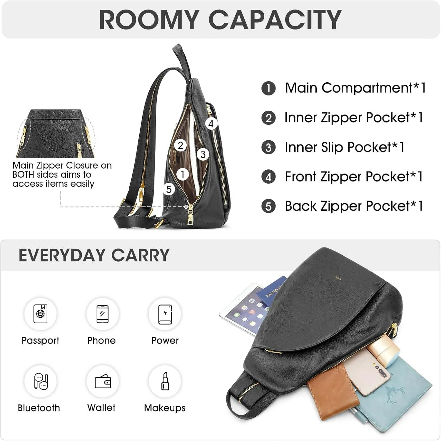 Kattee Sling Bag for Women Crossbody Fanny Packs Chest Bag Top Grain Leather Daypack Backpack RFID Blocking Travel