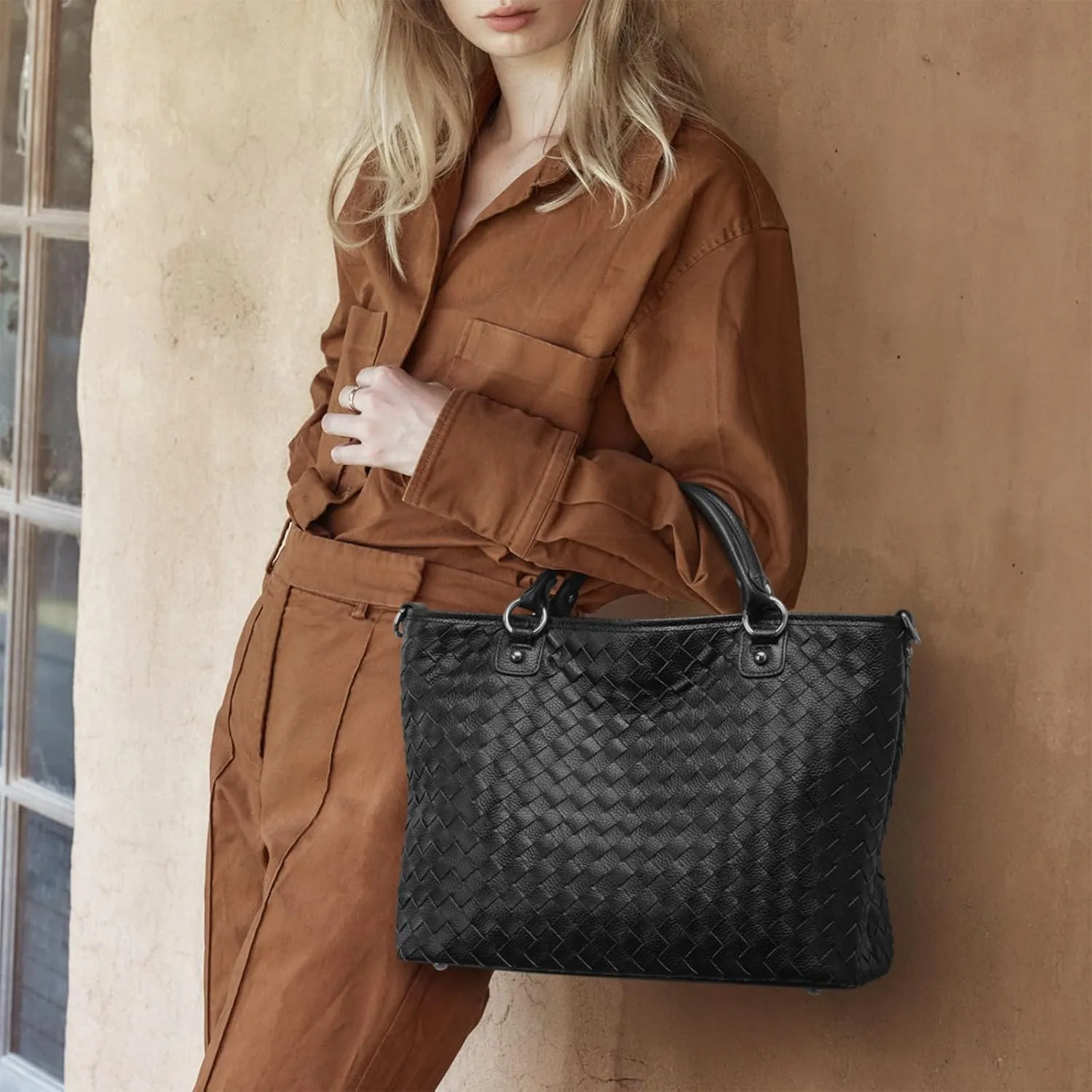 Kattee Woven Bag for Women, Leather Tote Bag Large Handbag and Purse Retro Handmade Shoulder Bag