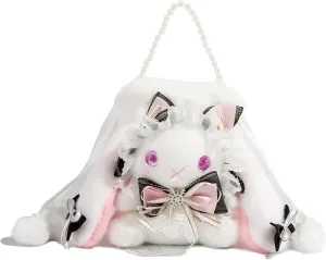 Kawaii Fuzzy Bunny Crossbody Purse Plush Rabbit Shoulder Bag Small Bag Cute Lolita Handbag Wallets with Pearl Chain