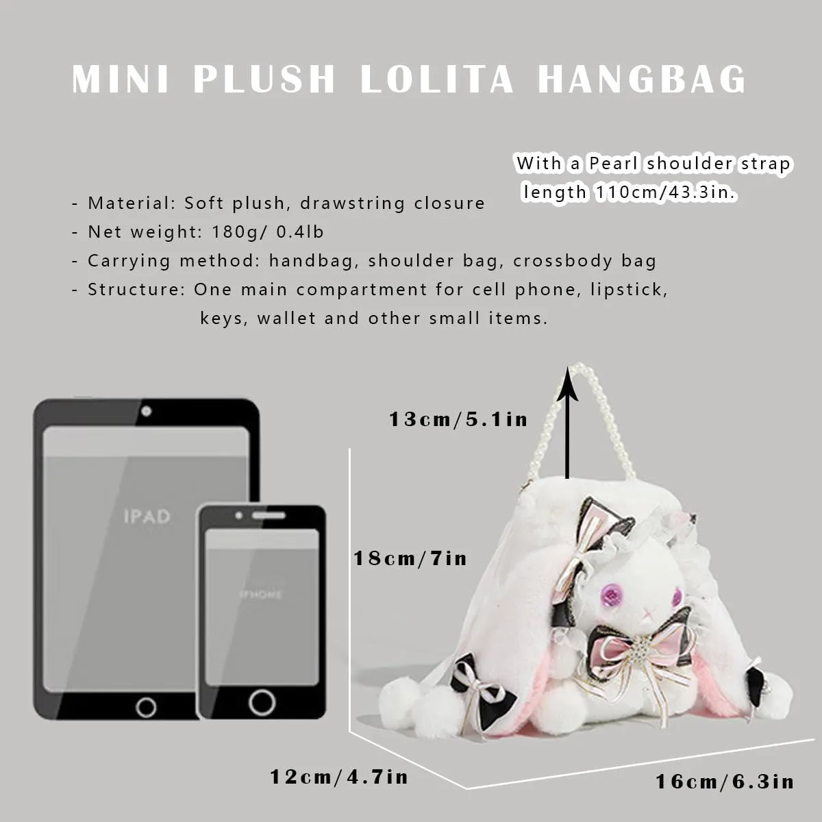 Kawaii Fuzzy Bunny Crossbody Purse Plush Rabbit Shoulder Bag Small Bag Cute Lolita Handbag Wallets with Pearl Chain