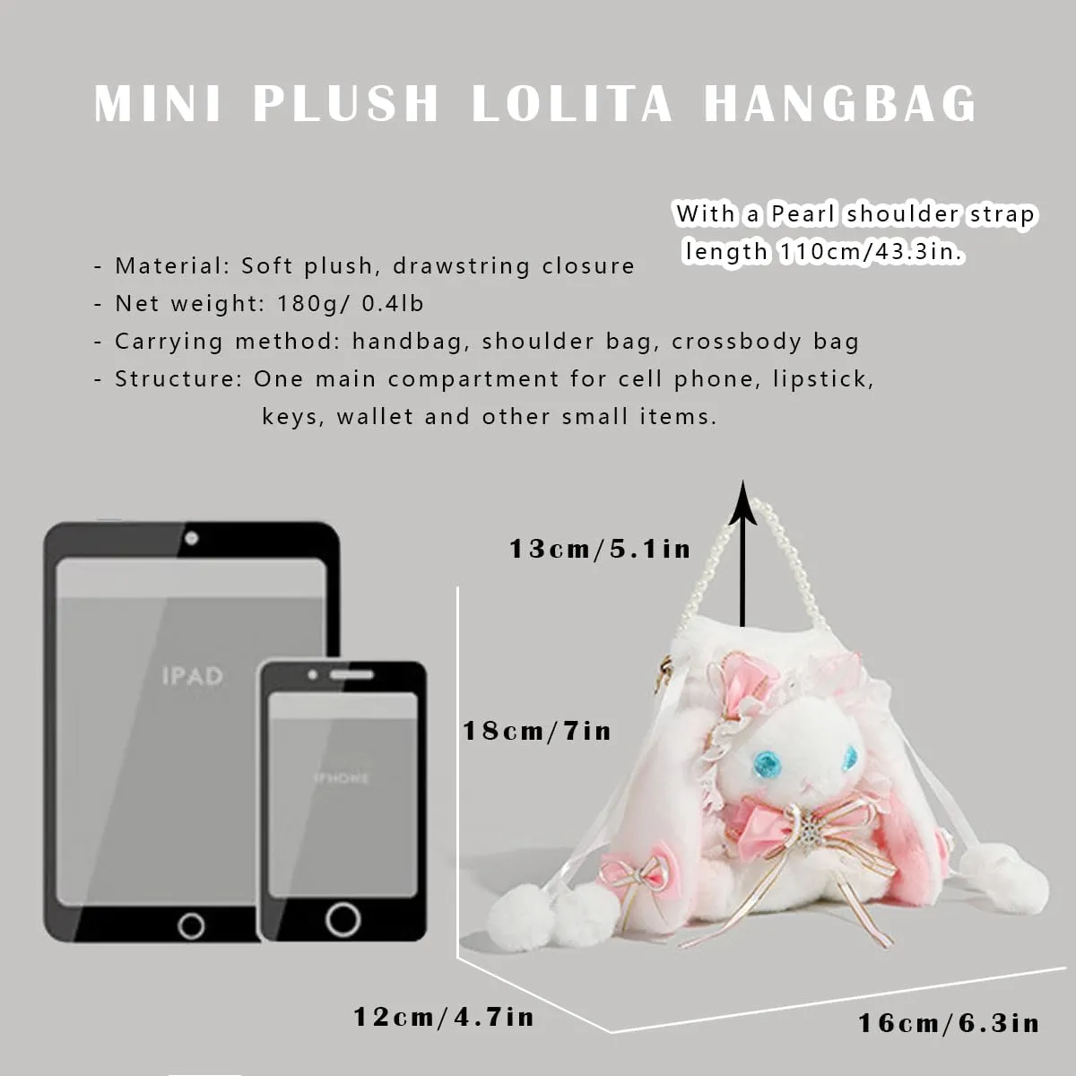 Kawaii Fuzzy Bunny Crossbody Purse Plush Rabbit Shoulder Bag Small Bag Cute Lolita Handbag Wallets with Pearl Chain