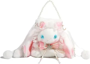 Kawaii Fuzzy Bunny Crossbody Purse Plush Rabbit Shoulder Bag Small Bag Cute Lolita Handbag Wallets with Pearl Chain