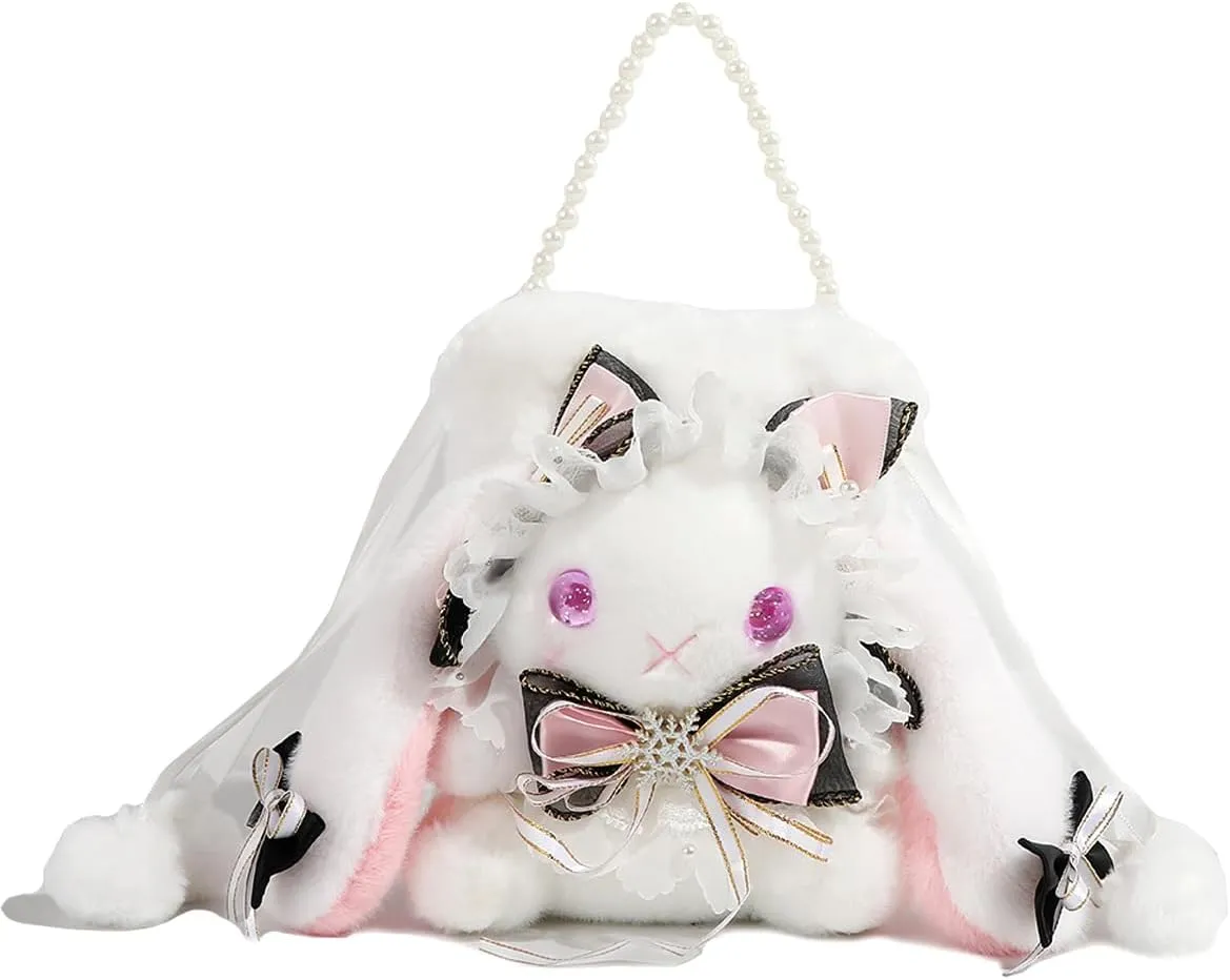 Kawaii Fuzzy Bunny Crossbody Purse Plush Rabbit Shoulder Bag Small Bag Cute Lolita Handbag Wallets with Pearl Chain
