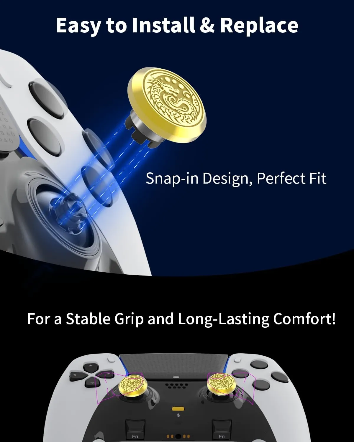 KD.FLY Metal Thumbsticks for PS5 Edge Controller, 2Pcs Custom Joystick Thumb Sticks Grips Replacement Kit for PS5 Dual Sense Edge Controller, Thumbstick Accessories Parts, Golden Dragon