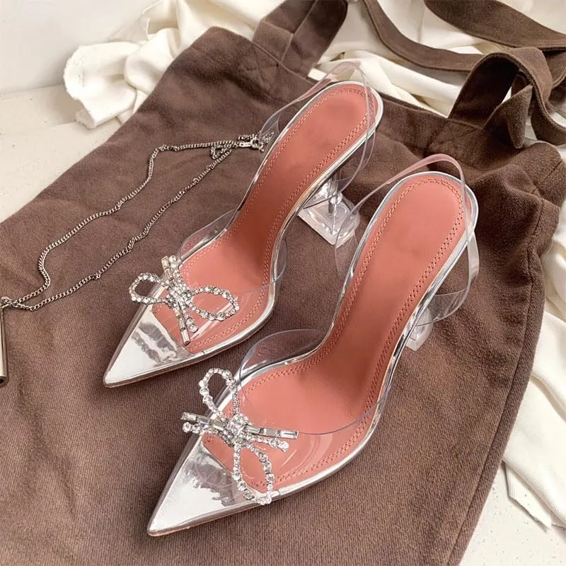 keleimusi Women Triangle heel Sandals Pointed Toe Slingback Pumps with Embellished Bow Detailing