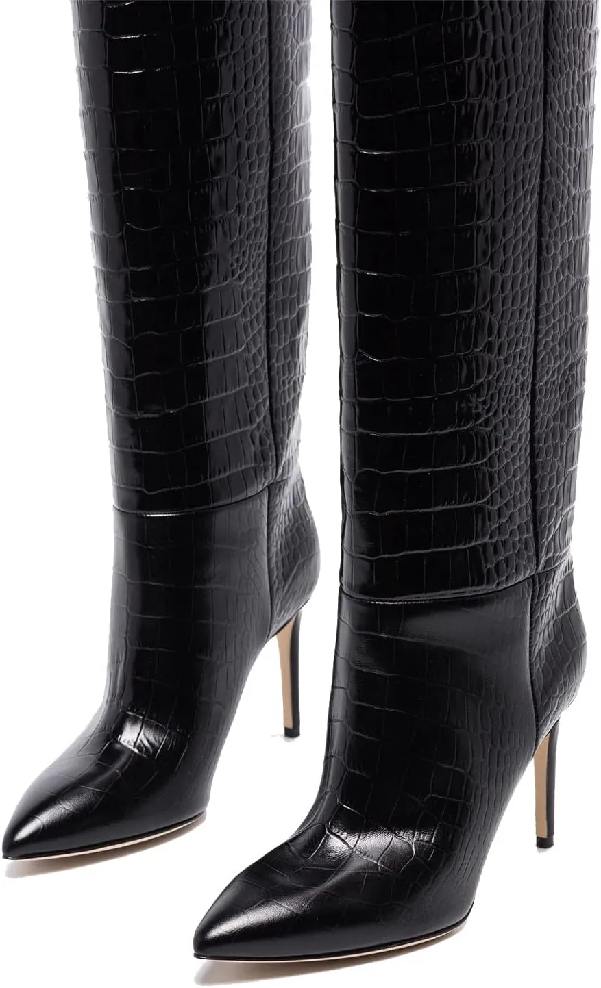 keleimusi Women's Knee High Boots in Crocodile Embossed Pointed Toe Stiletto Pull-on Shoes for Women