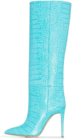 keleimusi Women's Knee High Boots in Crocodile Embossed Pointed Toe Stiletto Pull-on Shoes for Women