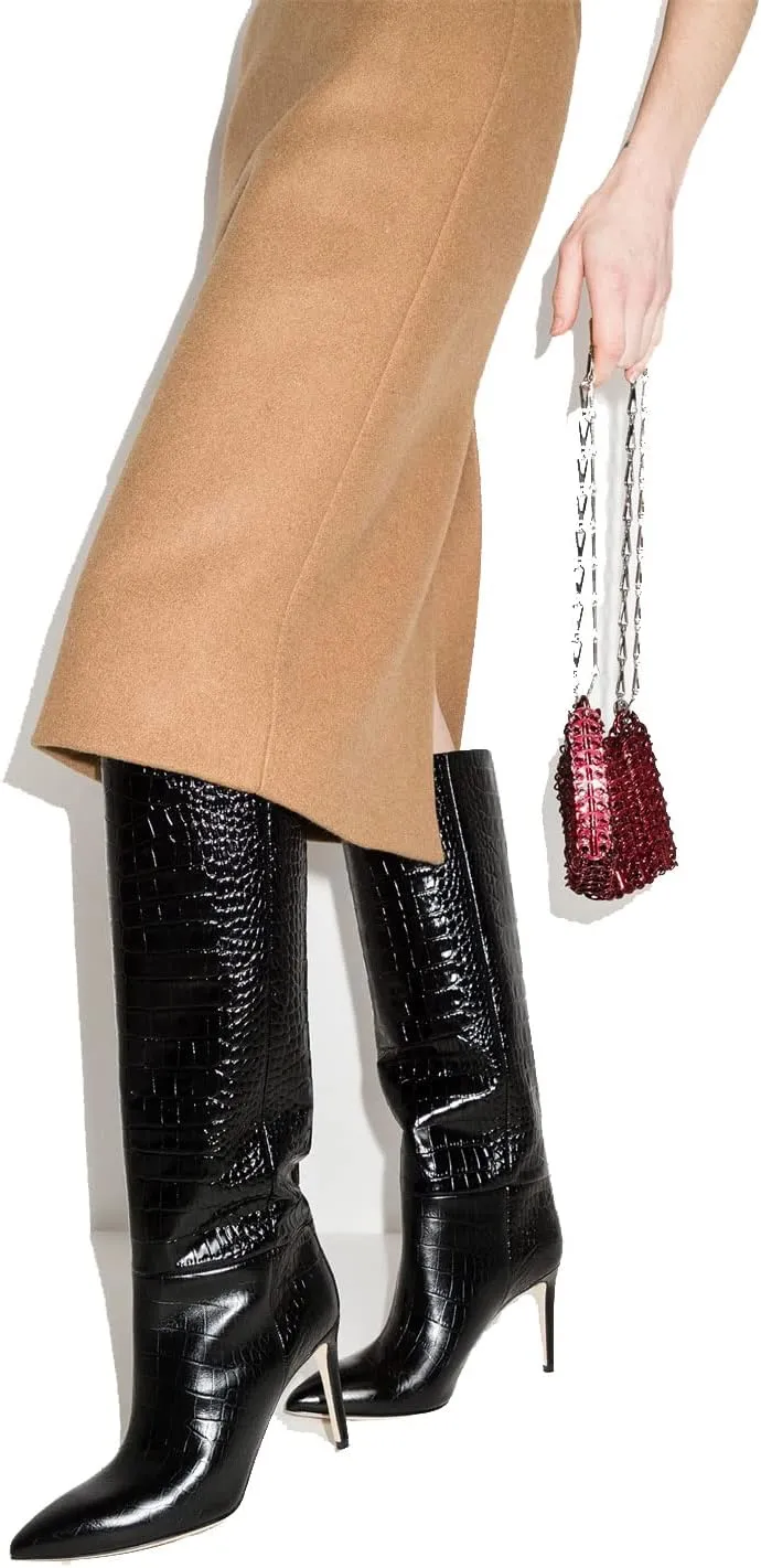 keleimusi Women's Knee High Boots in Crocodile Embossed Pointed Toe Stiletto Pull-on Shoes for Women