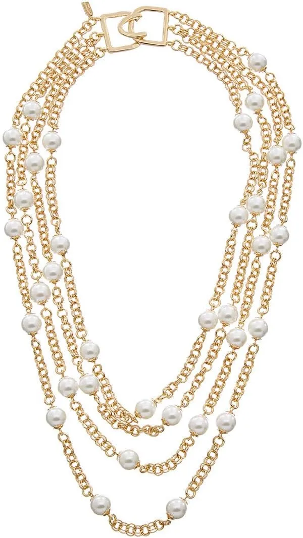 Kenneth Jay Lane, 4 ROW GOLD CHAIN WITH WHITE PEARL STATIONS NECKLACE