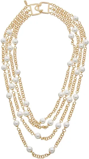Kenneth Jay Lane, 4 ROW GOLD CHAIN WITH WHITE PEARL STATIONS NECKLACE