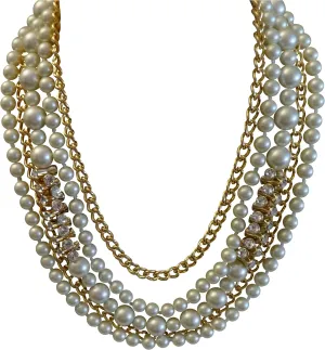 Kenneth Jay Lane, 5 ROW PEARL & CRYSTAL HOURGLASS GOLD CHAIN NECKLACE-16-22 INCHES