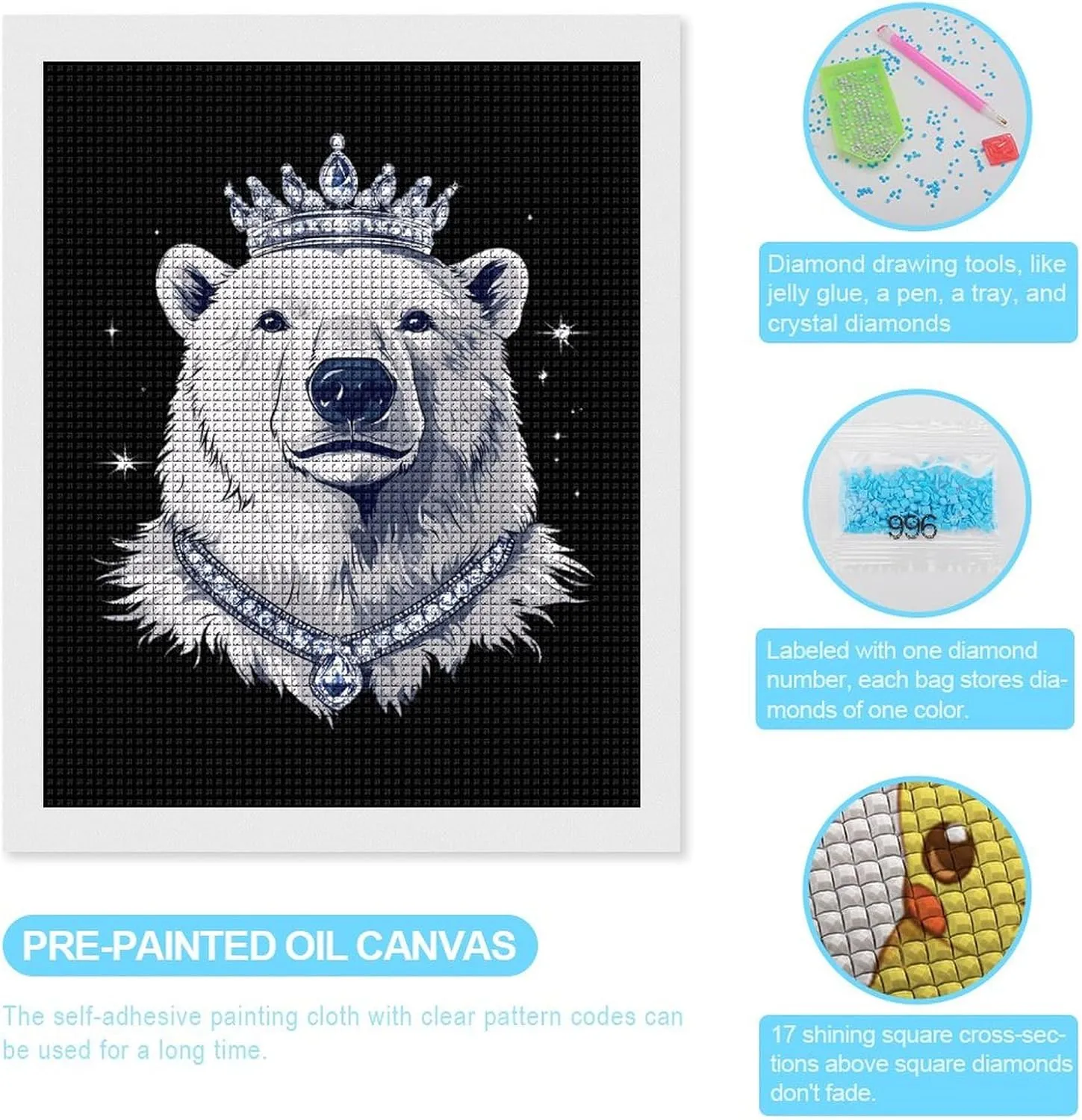 King of Arctic Bear Square Diamond Art Painting Kits DIY Full Drill Rhinestone Pictures for Adults Sewing Crafts Wall Decor 16"x20"