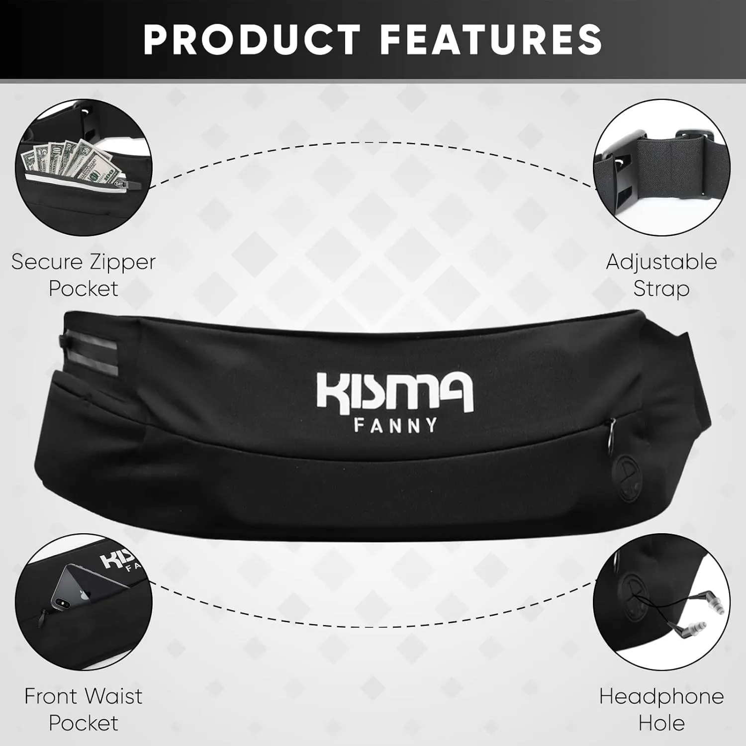 Kisma Running Fanny Pack and Sport Waist Belt for Runners, Hikers, and Travelers, Lightweight Moisture-Wicking Neoprene, Long Adjustable Strap to Fit Men and Women (Black)