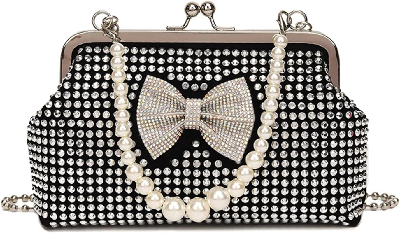 Kiss Lock Purse and Handbag for Women Rhinestone Crossbody Bag Bow Pearl Chain Handbags Kiss Clasp Tote Shoulder Bags