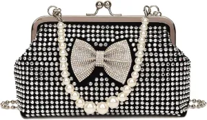 Kiss Lock Purse and Handbag for Women Rhinestone Crossbody Bag Bow Pearl Chain Handbags Kiss Clasp Tote Shoulder Bags