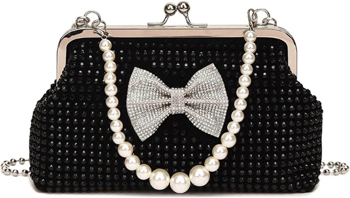 Kiss Lock Purse and Handbag for Women Rhinestone Crossbody Bag Bow Pearl Chain Handbags Kiss Clasp Tote Shoulder Bags
