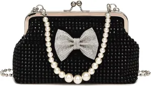 Kiss Lock Purse and Handbag for Women Rhinestone Crossbody Bag Bow Pearl Chain Handbags Kiss Clasp Tote Shoulder Bags