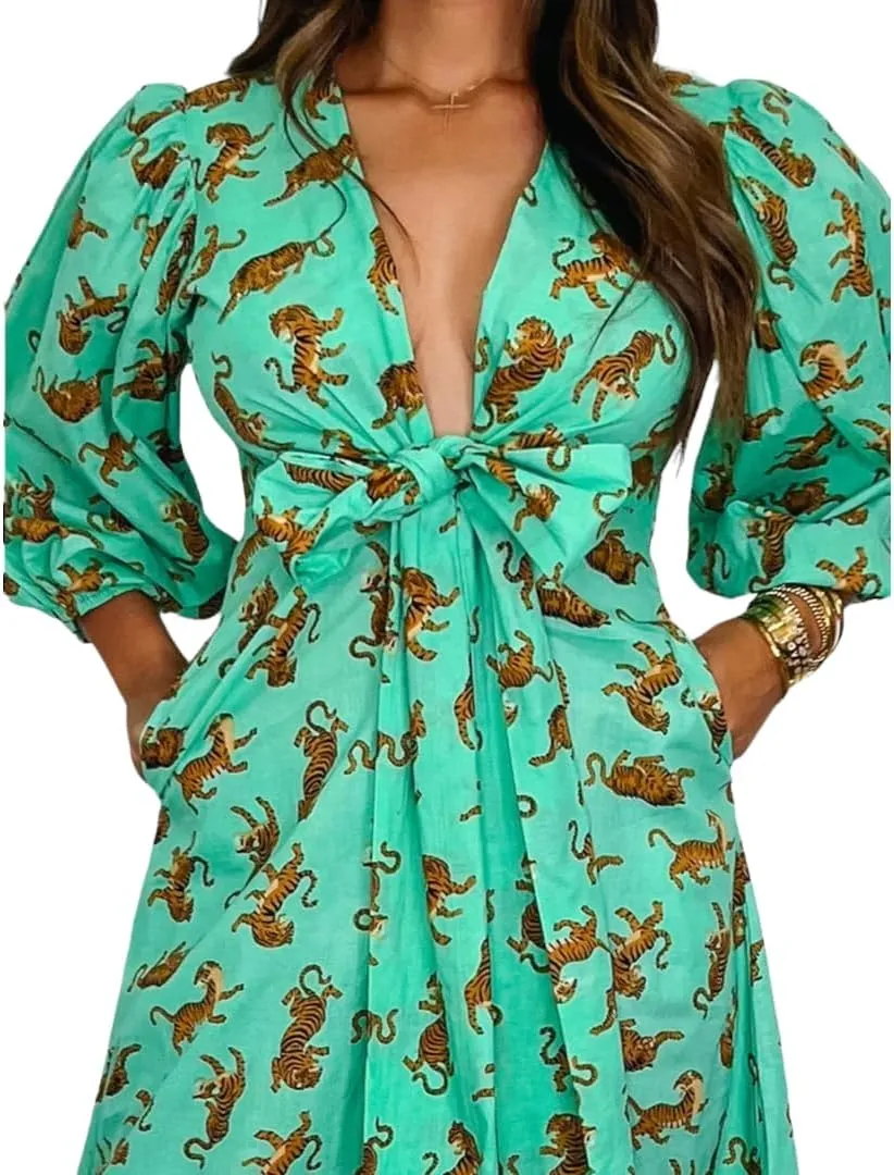 KLAVATE Women HandBlock Print Cotton Boho Designer Sleeve Bohemian Causal Women Summer Midi Dress
