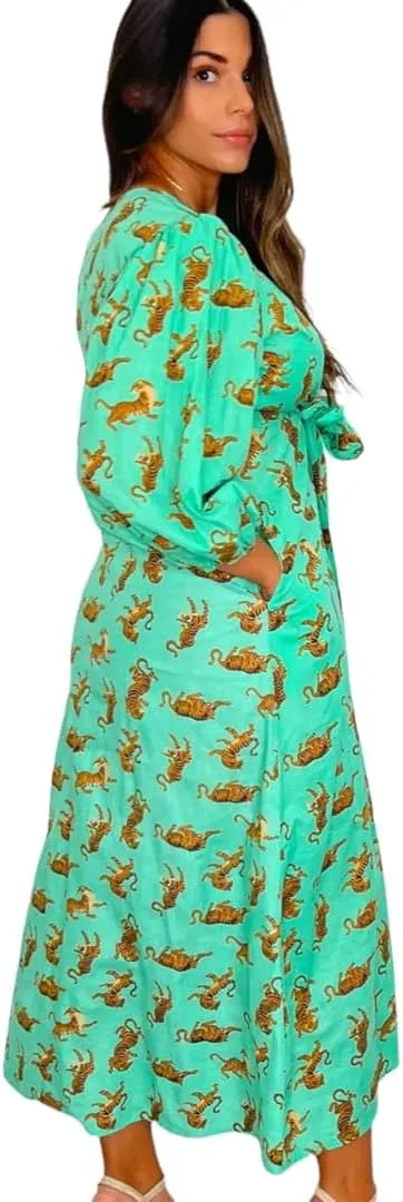 KLAVATE Women HandBlock Print Cotton Boho Designer Sleeve Bohemian Causal Women Summer Midi Dress