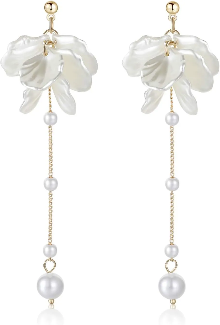 Kruckel Pearl Flower Long Drop Dangling Earrings - Cute Sparkly Golden Stud Lightweight Women Jewelry, White Petal Dangles, Easy - Wear Fashion Design Accessory with Durable Jewelry Box
