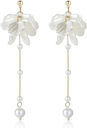 Kruckel Pearl Flower Long Drop Dangling Earrings - Cute Sparkly Golden Stud Lightweight Women Jewelry, White Petal Dangles, Easy - Wear Fashion Design Accessory with Durable Jewelry Box