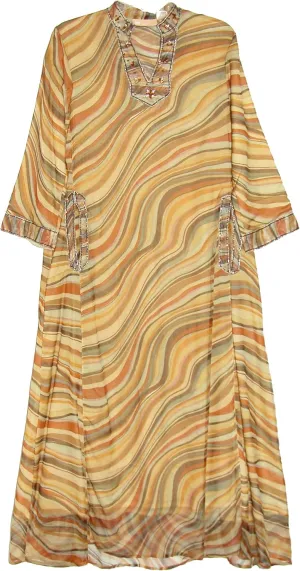 LA CERA Printed Embroidered Caftan Dress with Embroidered V-Neckline, Sleeve Cuffs, Pocket Trims, 3/4th Sleeves