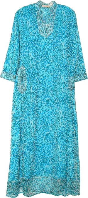 LA CERA Printed Embroidered Caftan Dress with Embroidered V-Neckline, Sleeve Cuffs, Pocket Trims, 3/4th Sleeves