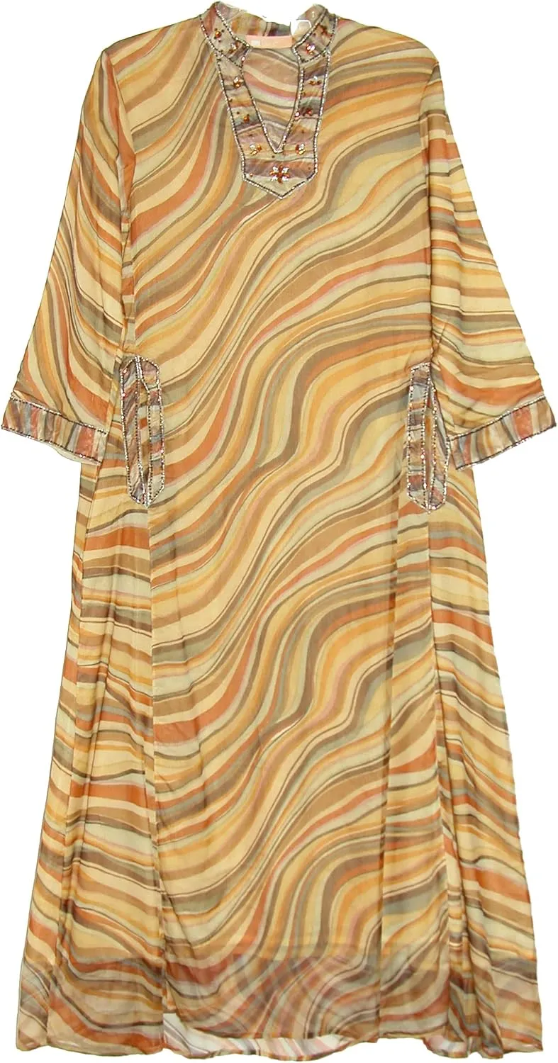 LA CERA Printed Embroidered Caftan Dress with Embroidered V-Neckline, Sleeve Cuffs, Pocket Trims, 3/4th Sleeves