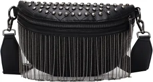 LABANCA Women Faux Leather Waist Packs Rivet Studded Zipper Pocket Shoulder Purse Rave Festival Fanny Bag Purse Chest Bag, Black