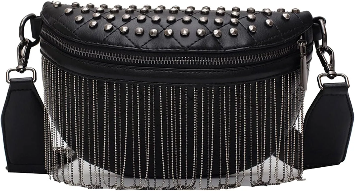 LABANCA Women Faux Leather Waist Packs Rivet Studded Zipper Pocket Shoulder Purse Rave Festival Fanny Bag Purse Chest Bag, Black