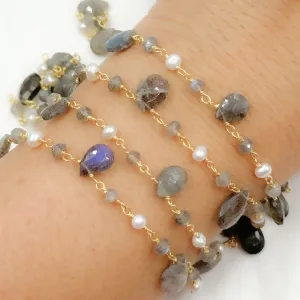 Labradorite & Pearl Gold Plated Wire Chain. LAB4