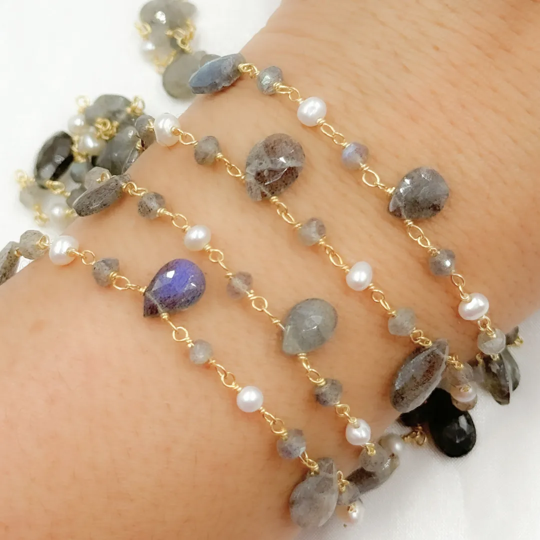 Labradorite & Pearl Gold Plated Wire Chain. LAB4
