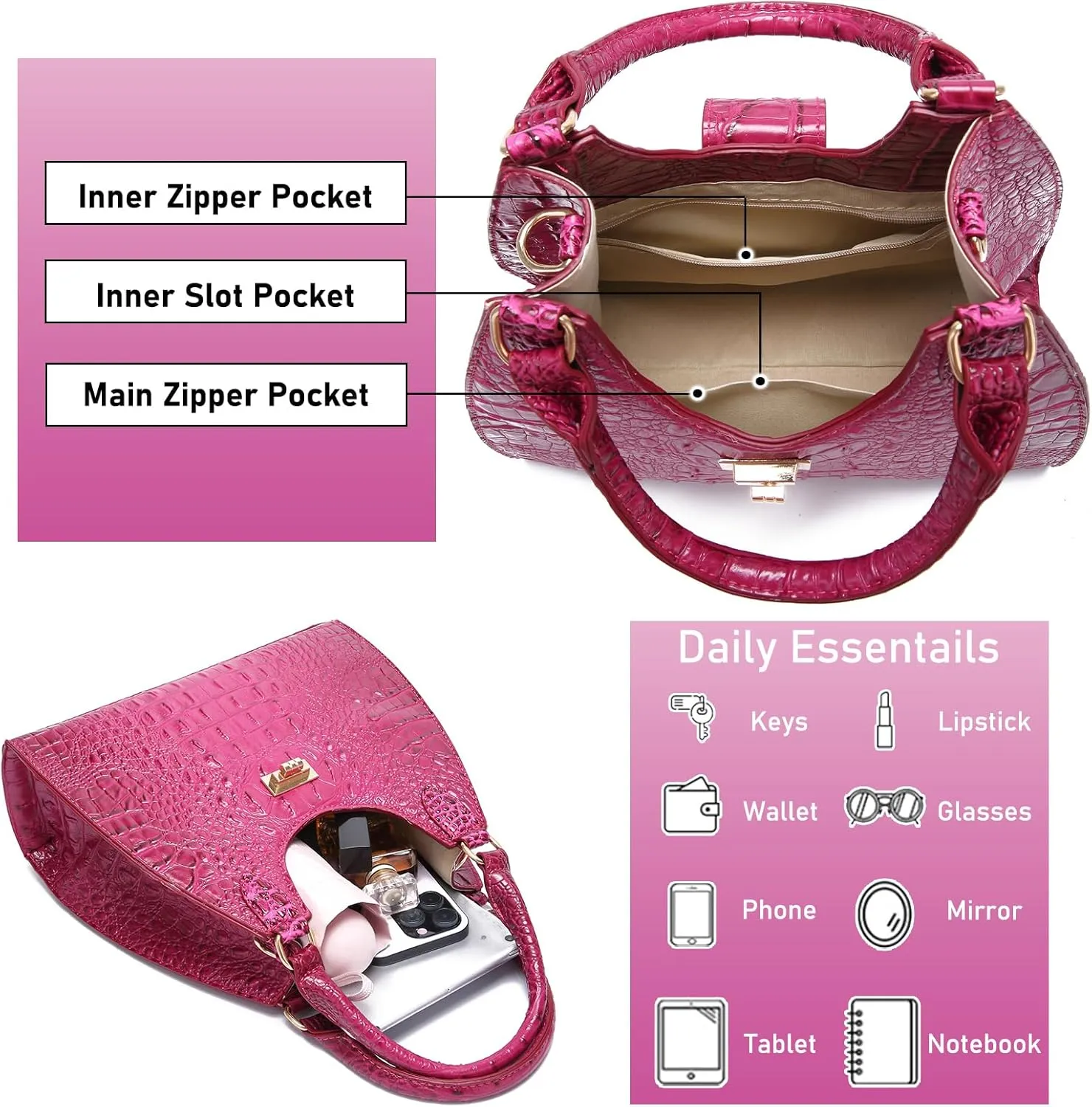 Ladies Tote Leather Bags for Women Crocodile Embossed Zipper Satchel Purse Classy Compartments Crossbody bag