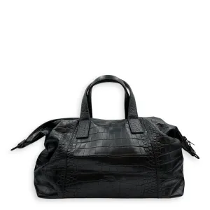 Large Black Duffle Bag in Crocodile Embossed Calfskin, Black powder coated hardware