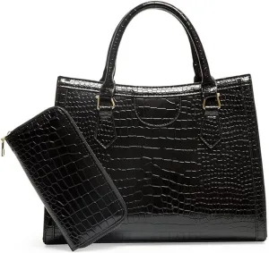 Large Crocodile Pattern Satchel Handbag for Women - Stylish Top Handle Tote & Crossbody Bag in Brown