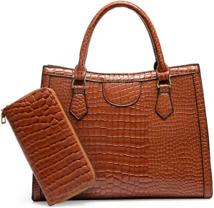 Large Crocodile Pattern Satchel Handbag for Women - Stylish Top Handle Tote & Crossbody Bag in Brown