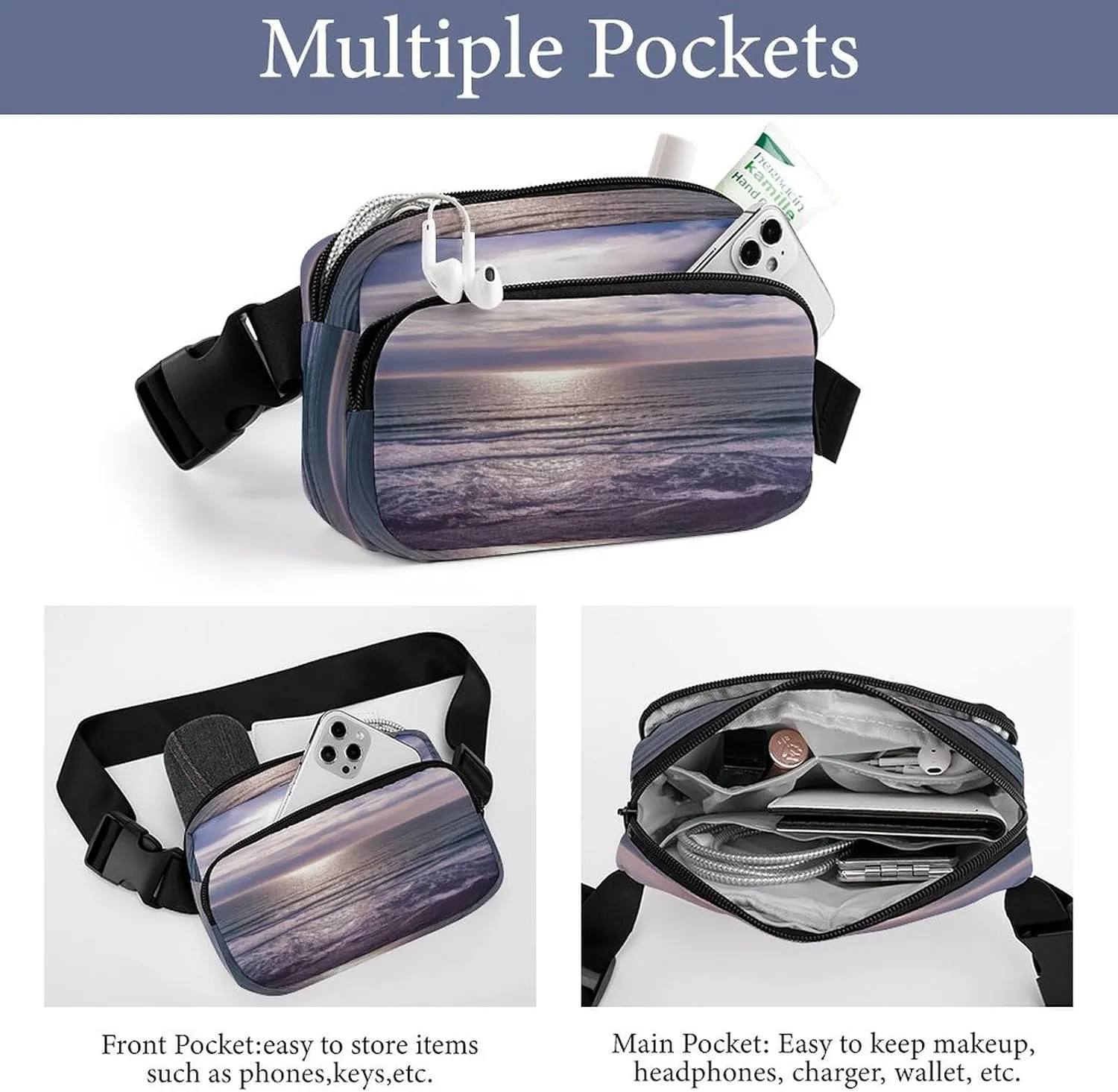 Large Waist Packs with Adjustable Strap,Atlantic Ocean CrossBody Fanny Pack Casual Bag for Travel Sports Running Hiking