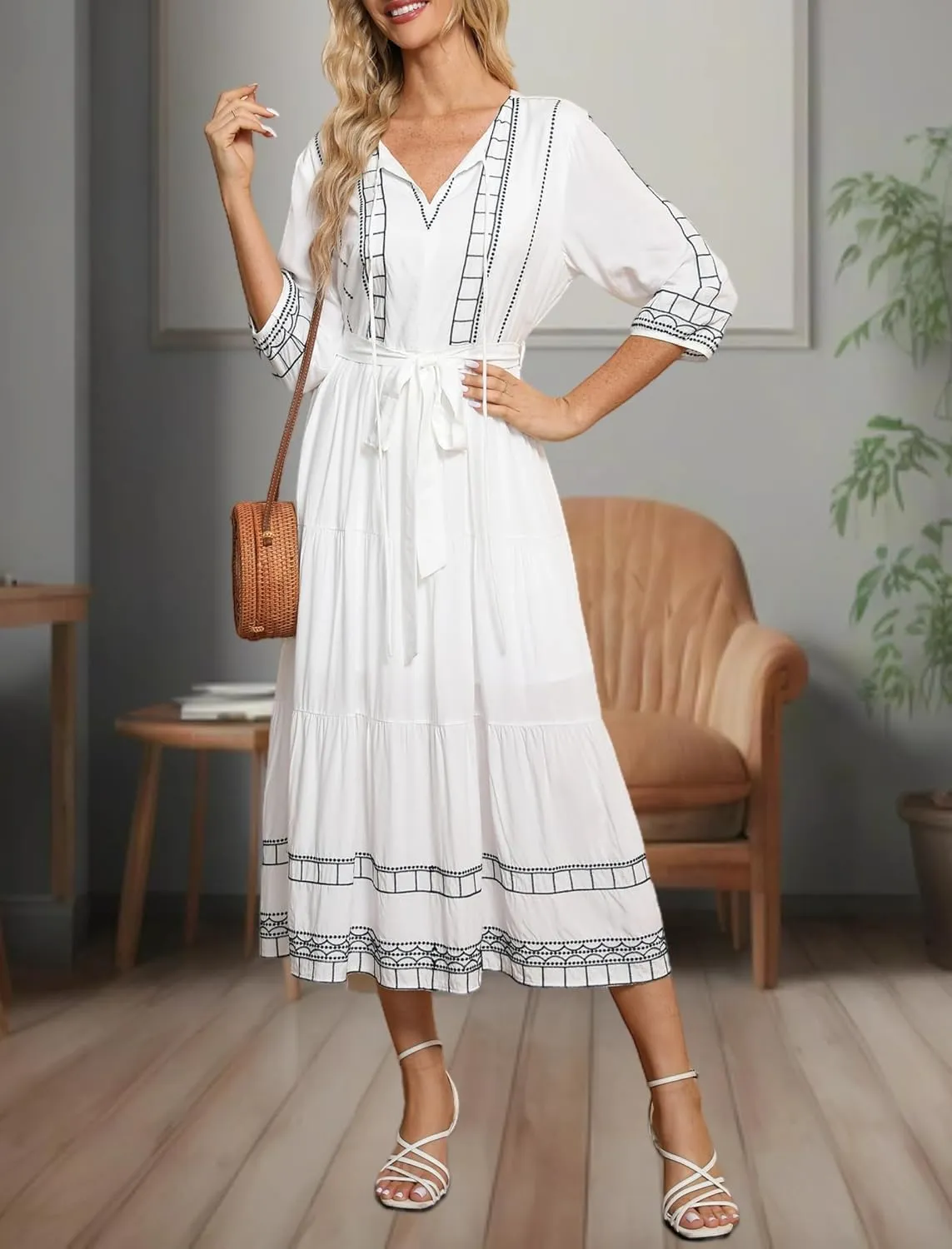 LauraKlein Boho Embroidered Floral Dress European Ethnic Style 3/4 Sleeve V Neck Midi Dresses for Women Spring Bohemian Dress