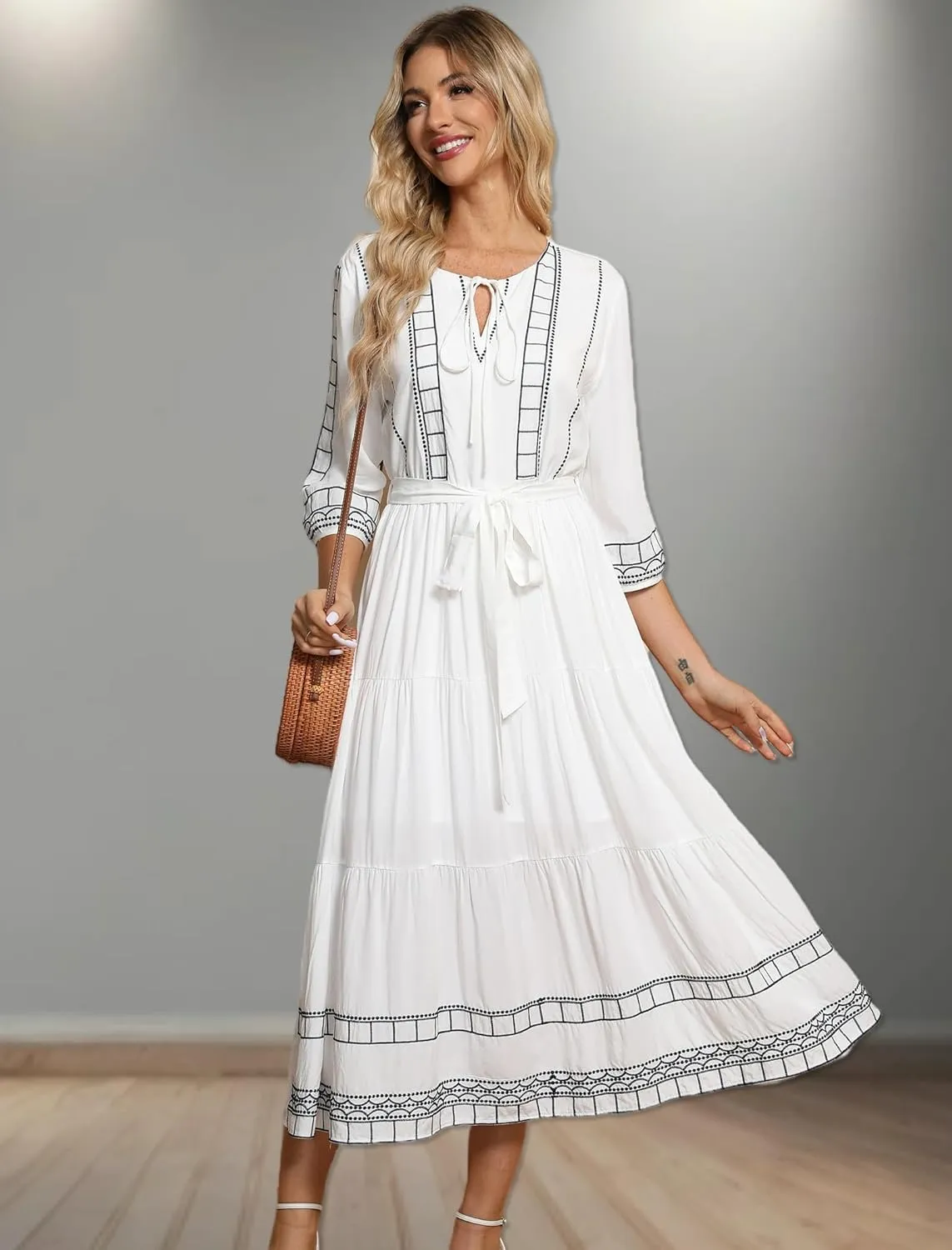 LauraKlein Boho Embroidered Floral Dress European Ethnic Style 3/4 Sleeve V Neck Midi Dresses for Women Spring Bohemian Dress
