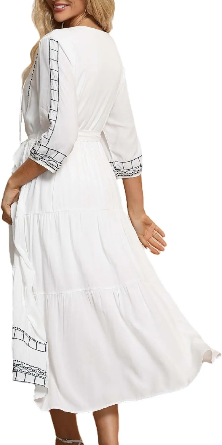 LauraKlein Boho Embroidered Floral Dress European Ethnic Style 3/4 Sleeve V Neck Midi Dresses for Women Spring Bohemian Dress