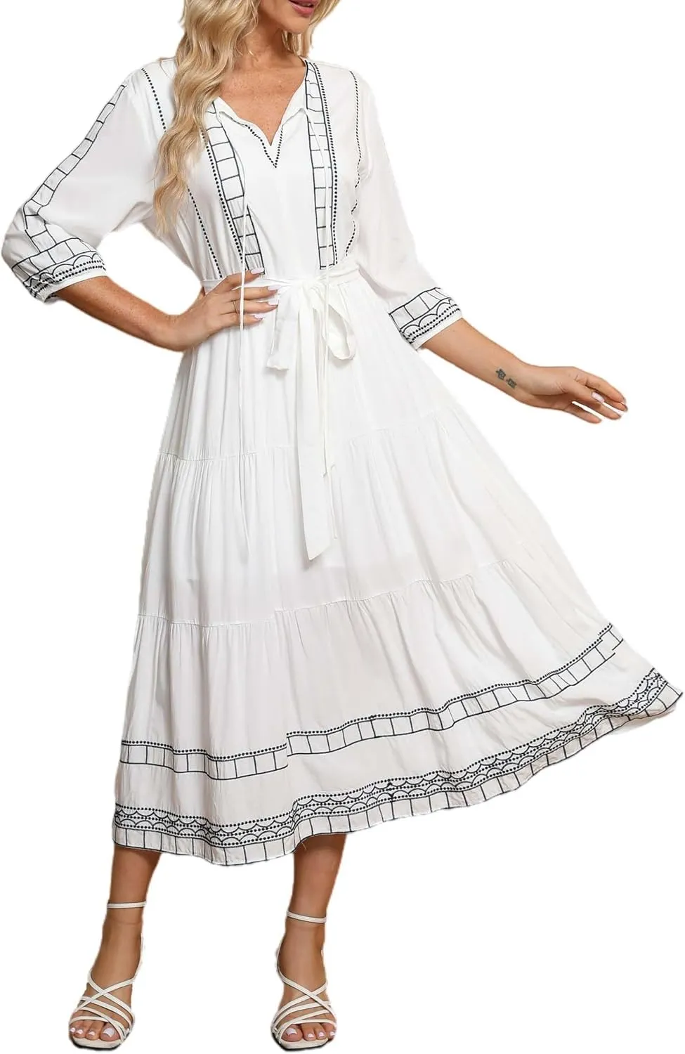 LauraKlein Boho Embroidered Floral Dress European Ethnic Style 3/4 Sleeve V Neck Midi Dresses for Women Spring Bohemian Dress