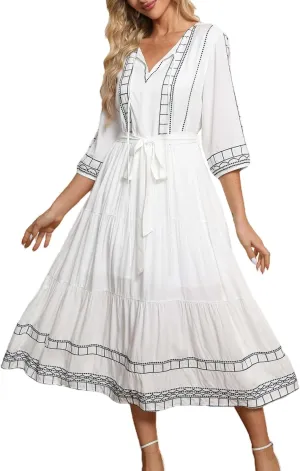 LauraKlein Boho Embroidered Floral Dress European Ethnic Style 3/4 Sleeve V Neck Midi Dresses for Women Spring Bohemian Dress
