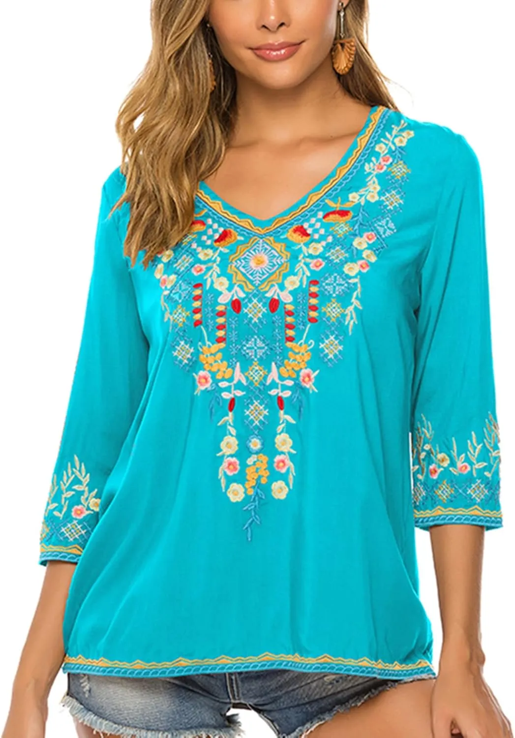 LauraKlein Women's Boho Embroidered Peasant Tops 3/4 Sleeve V Neck Mexican Bohemian Shirts Tunics Blouses