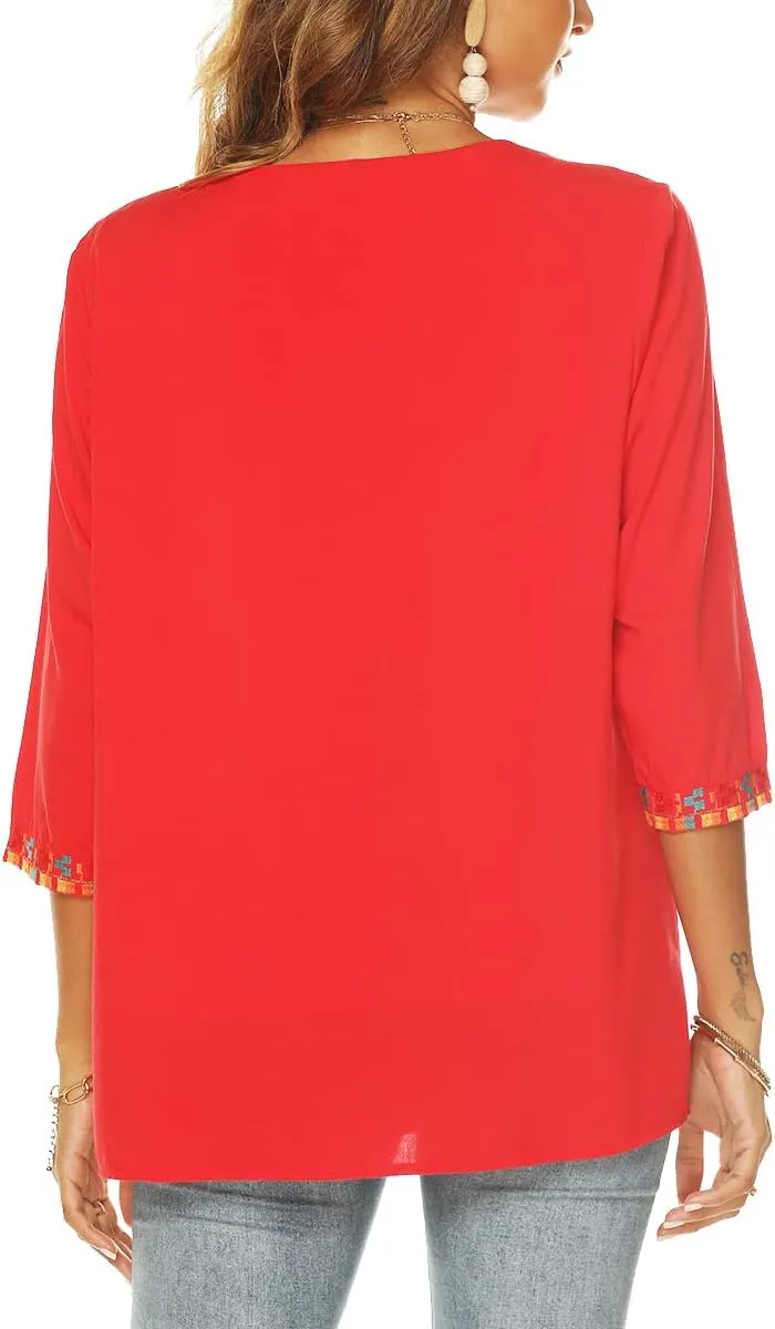 LauraKlein Women's Summer Boho Embroidery Mexican Bohemian Tops V Neck 3/4 Sleeve Causal Loose Shirt Blouse Tunic