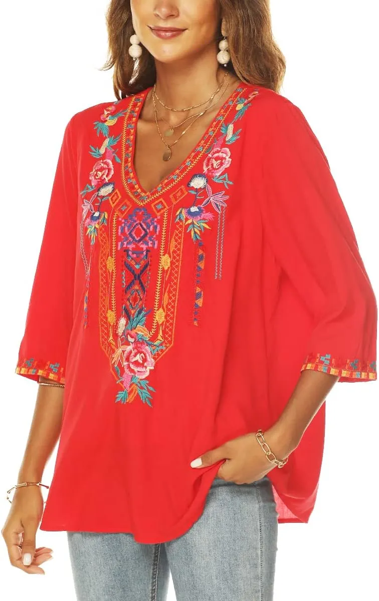 LauraKlein Women's Summer Boho Embroidery Mexican Bohemian Tops V Neck 3/4 Sleeve Causal Loose Shirt Blouse Tunic
